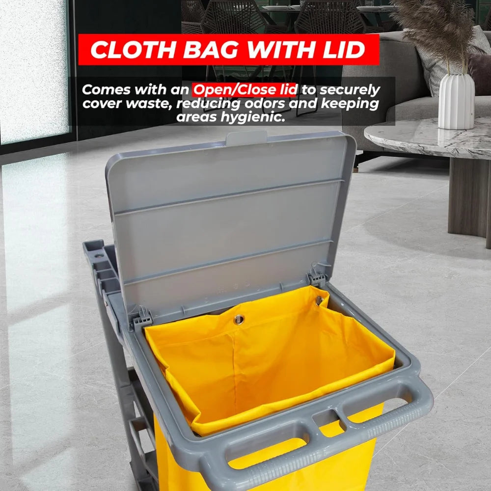 Cleaning Trolley on Wheels | Janitorial Cart with Mop Holders & Trash Bag