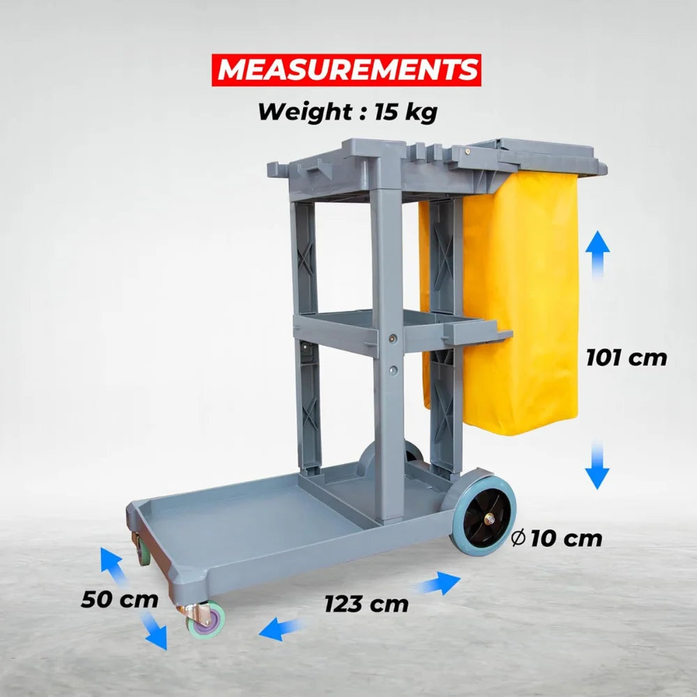 Cleaning Trolley on Wheels | Janitorial Cart with Mop Holders & Trash Bag