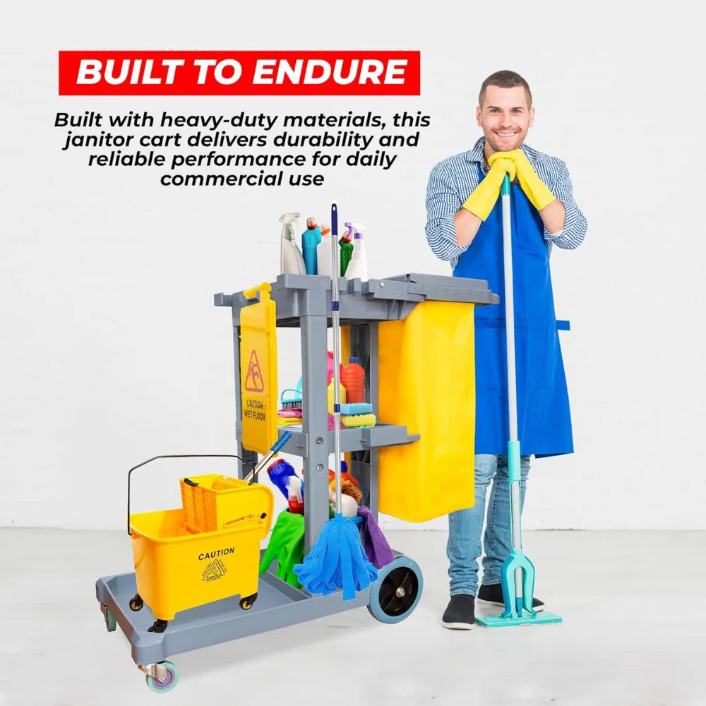 Cleaning Trolley on Wheels | Janitorial Cart with Mop Holders & Trash Bag