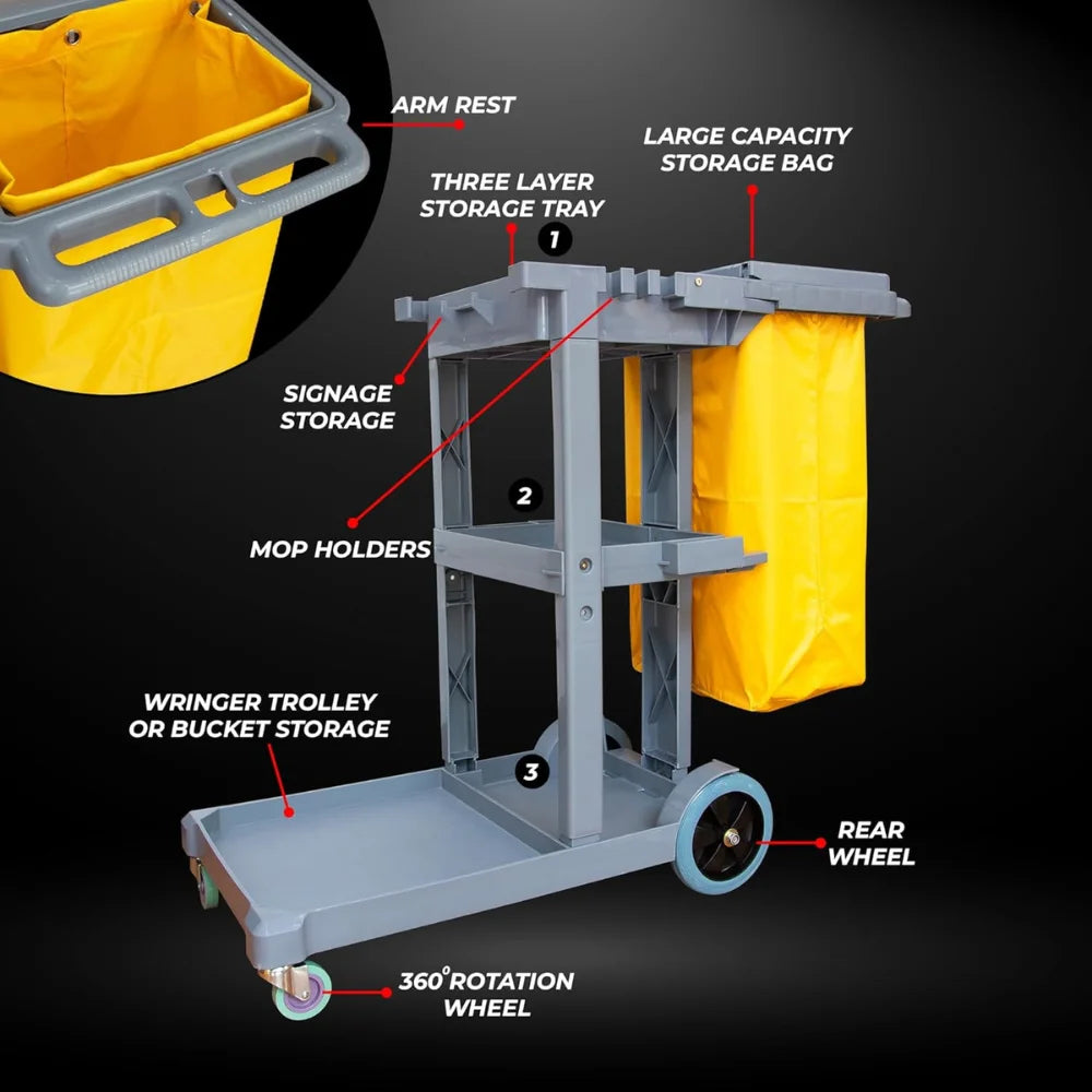 Cleaning Trolley on Wheels | Janitorial Cart with Mop Holders & Trash Bag