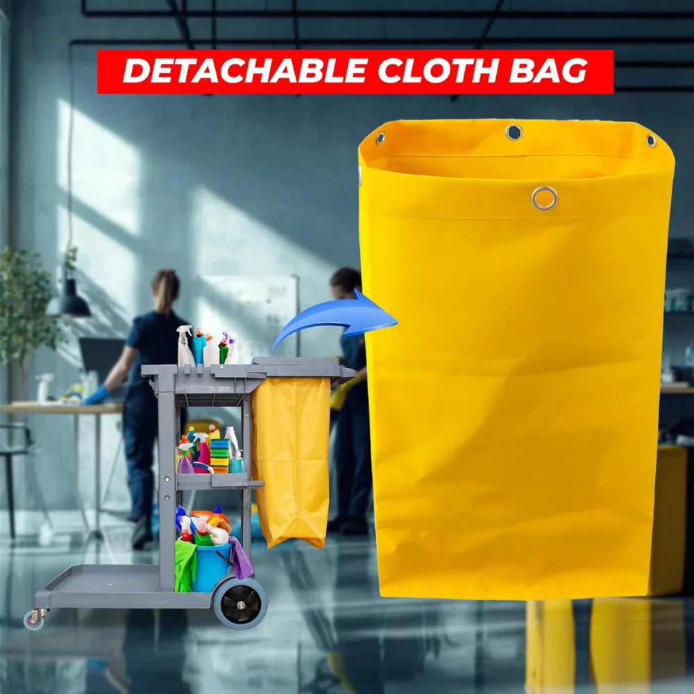 Cleaning Trolley on Wheels | Janitorial Cart with Mop Holders & Trash Bag