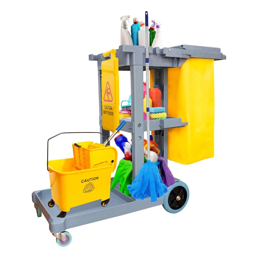 Cleaning Trolley on Wheels | Janitorial Cart with Mop Holders & Trash Bag