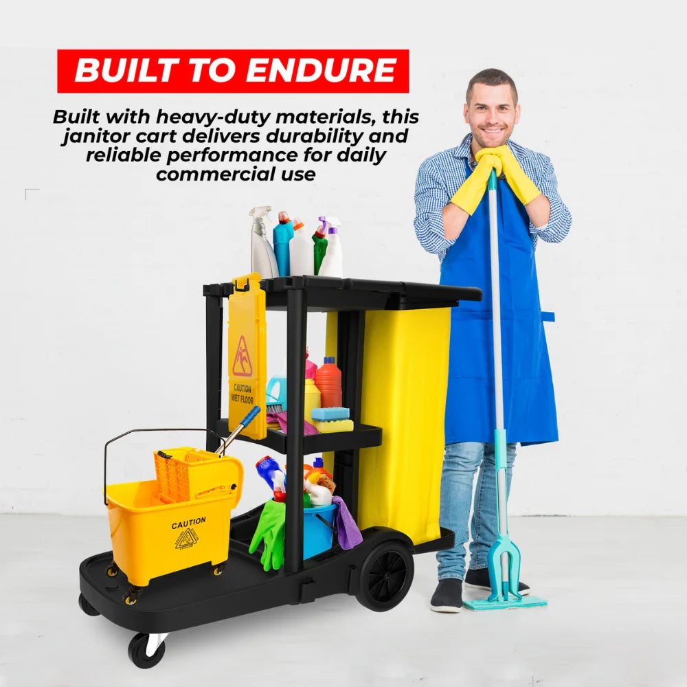 Multipurpose Cleaning Trolley | Commercial Janitorial Cart with Bag & Mop Holders