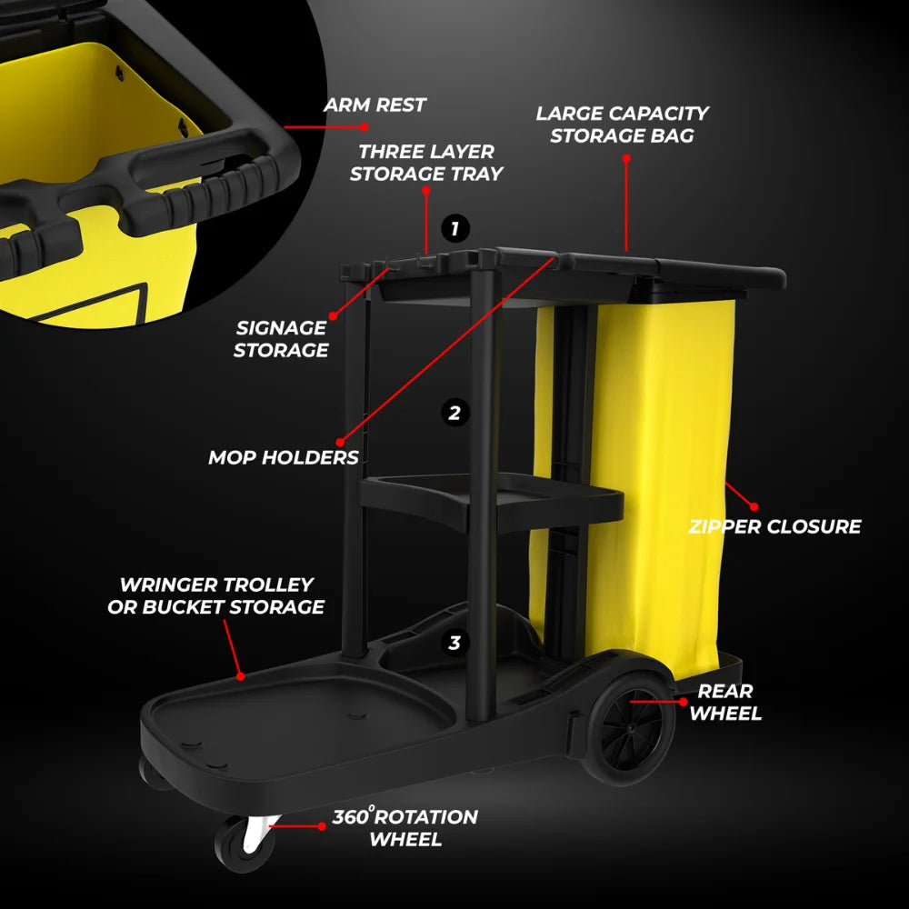 Multipurpose Cleaning Trolley | Commercial Janitorial Cart with Bag & Mop Holders