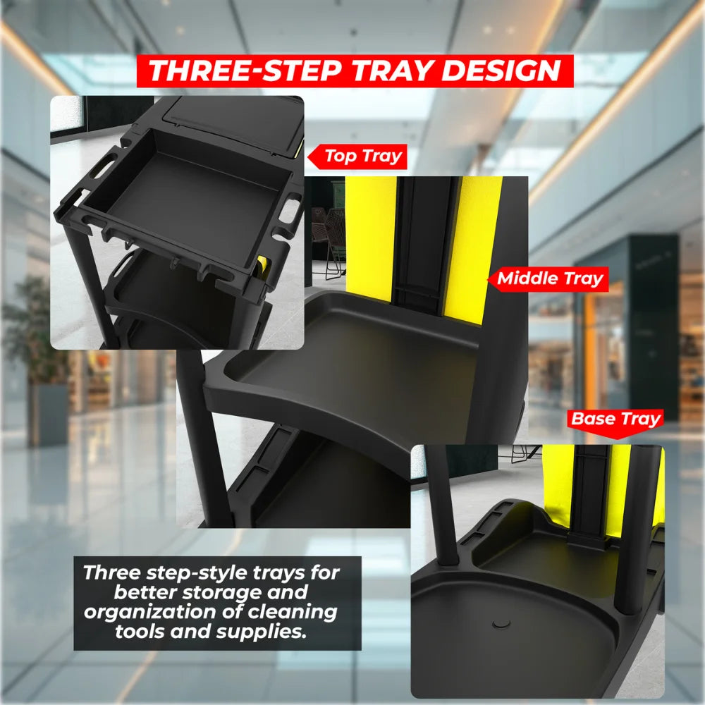 Multipurpose Cleaning Trolley | Commercial Janitorial Cart with Bag & Mop Holders