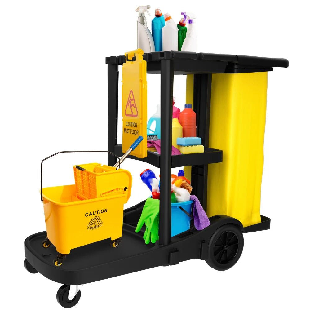 Multipurpose Cleaning Trolley | Commercial Janitorial Cart with Bag & Mop Holders
