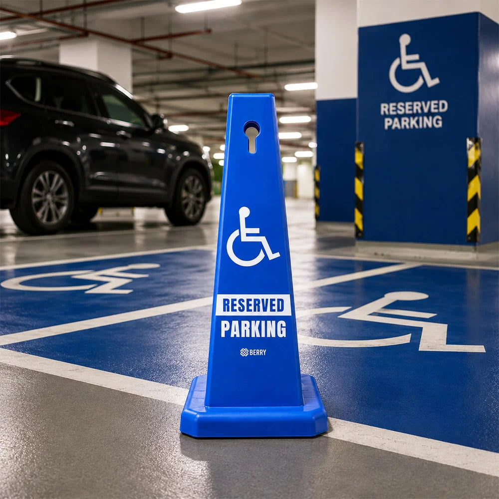 blue parking guidance cone for reserved and accessible spaces