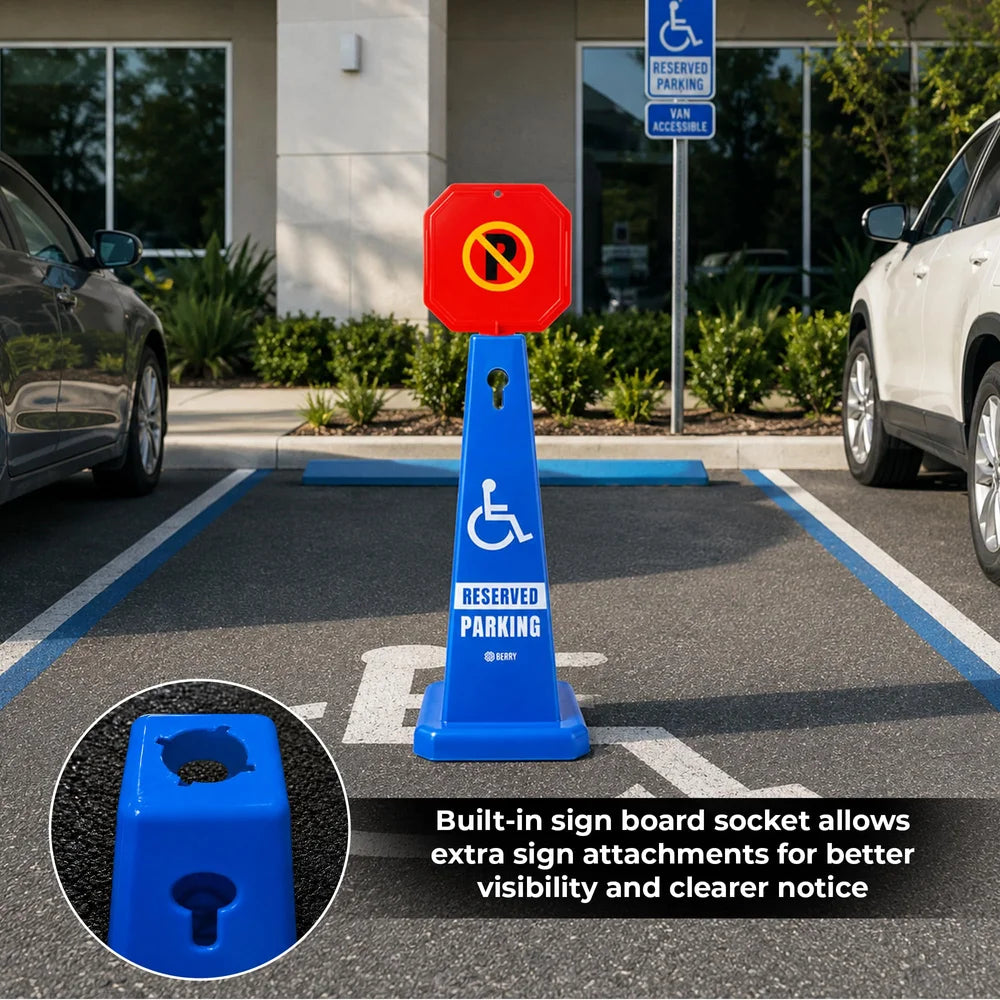 blue parking reservation cone for designated vehicle parking