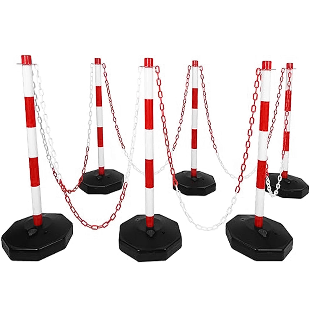 Set of 6 Delineator Posts with 12Meter Chain | Red & White Queue Barrier Set