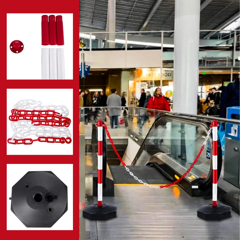 Set of 6 Delineator Posts with 12Meter Chain | Red & White Queue Barrier Set
