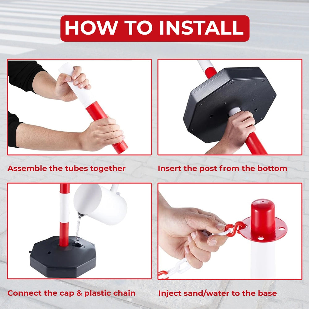 2 Delineator Posts with Chain - Red and White | Adjustable Queue Barrier Set