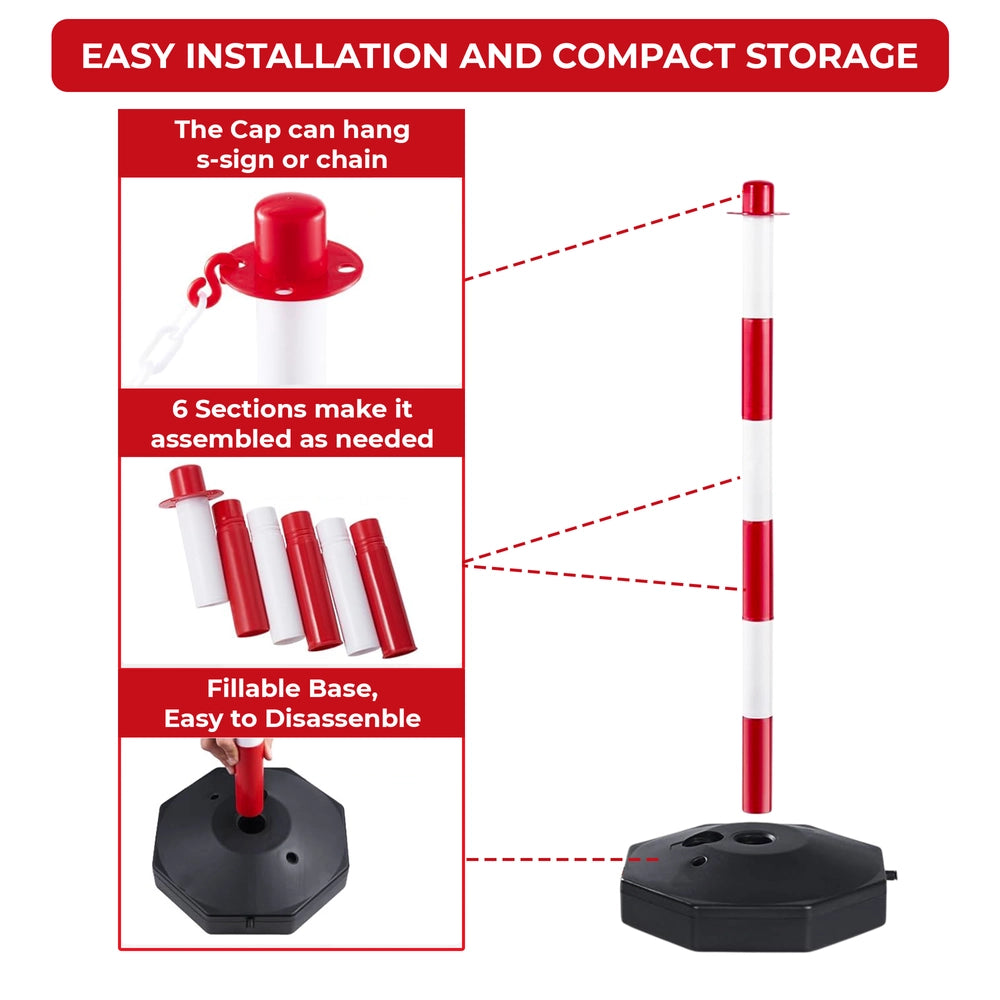 Set of 3 Delineator Posts with 4Meter Chain | Red and White Queue Barrier Set