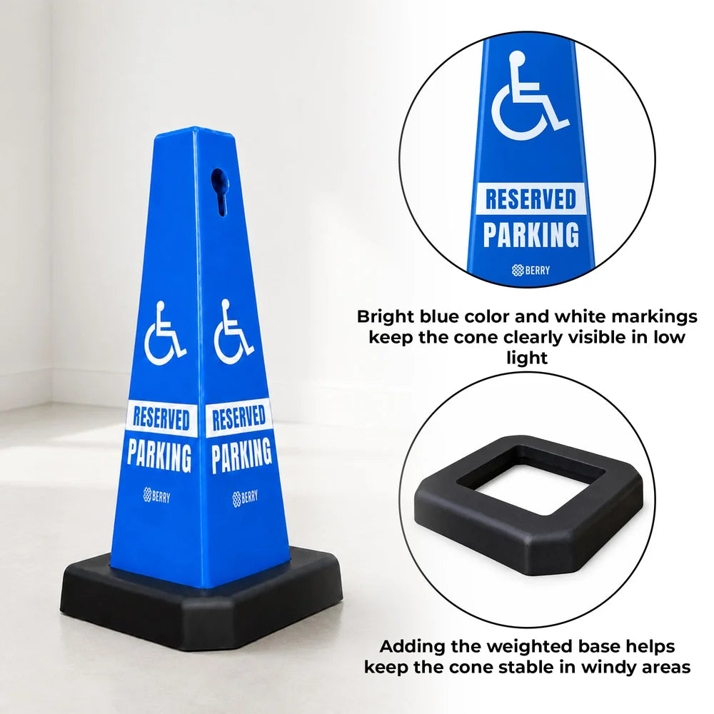 blue parking cone with weighted base for parking guidance and control
