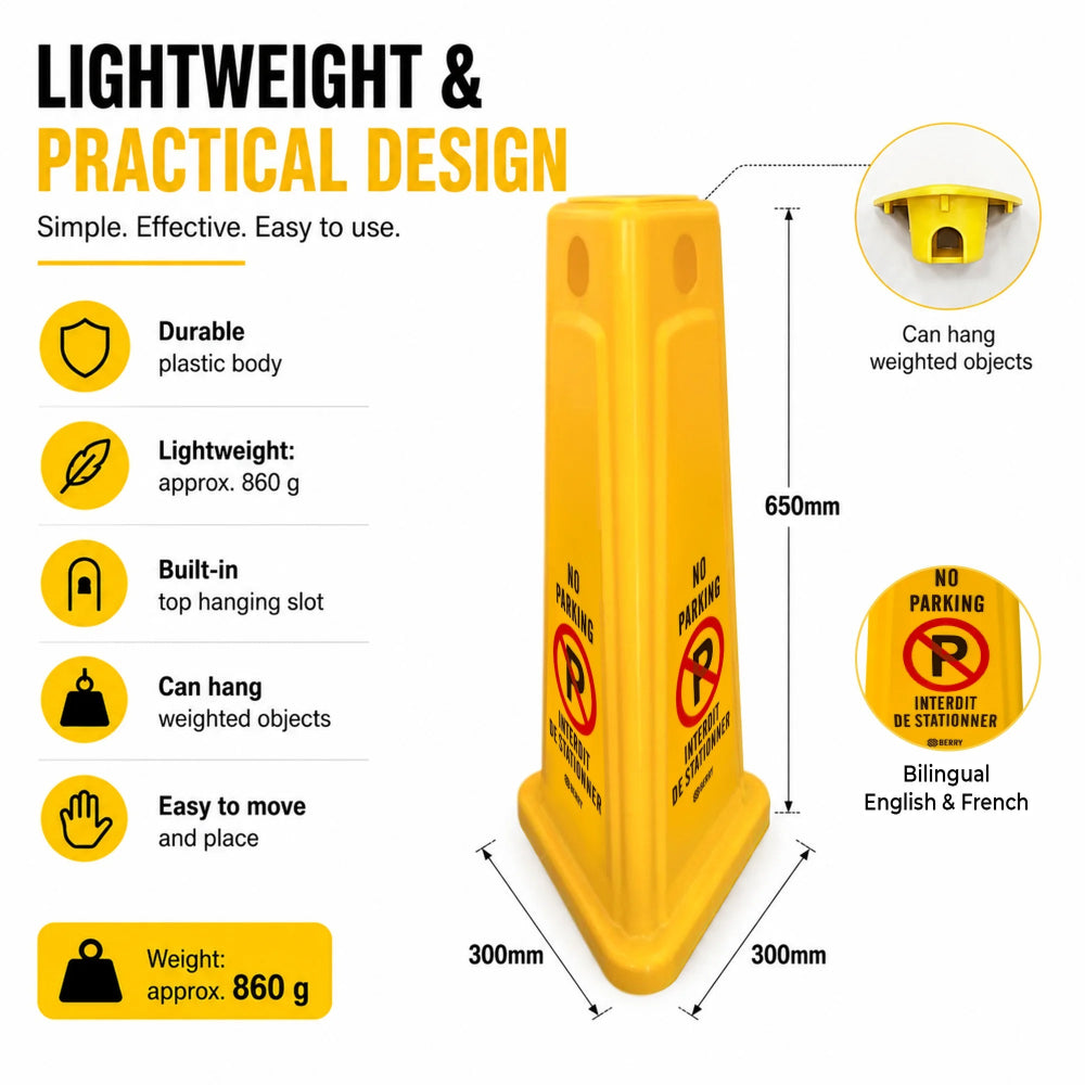 65cm yellow three-sided no parking cone for visible vehicle parking restrictions