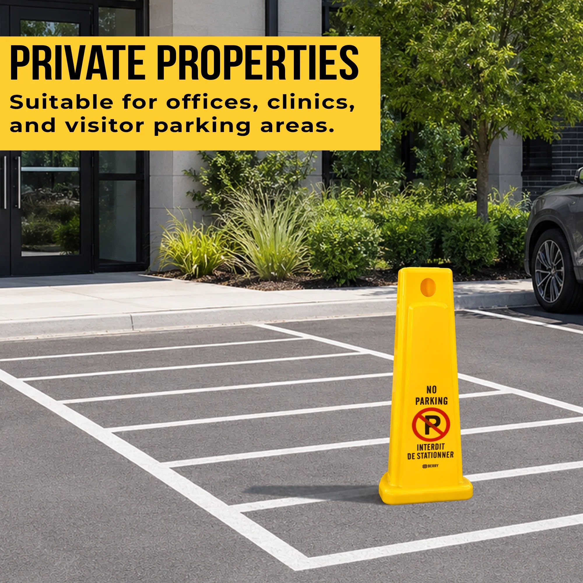 65cm yellow three-sided parking control cone for commercial and public spaces