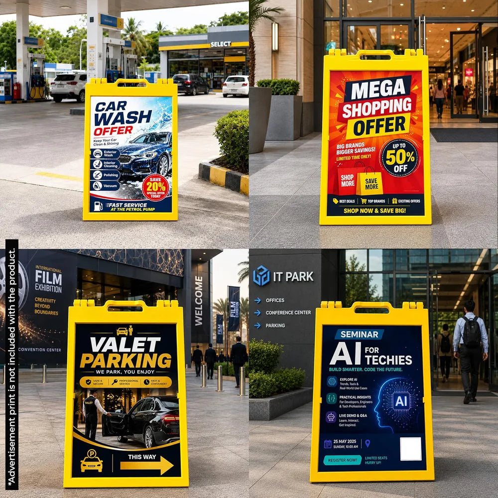 Large yellow A-frame pavement sign 110cm for visible outdoor warnings